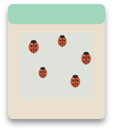 A paper pack with a clear window, showing a few red beetles with black spots packed inside.