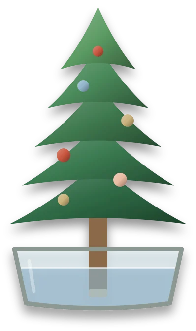 A fir tree standing in a see-through water stand, its pale freshly cut trunk base sitting well below a high water line.
