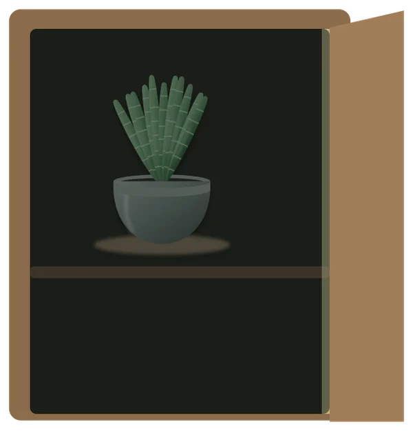 An open cupboard with a potted plant on the lower shelf, the inside almost dark and only a thin line of light at the open door.