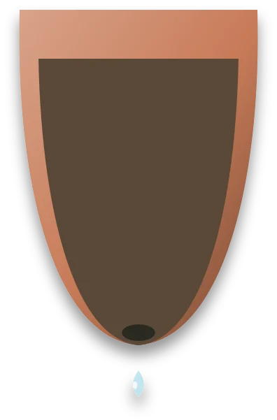 A pot cut in half down the middle, showing compost filling it and a hole in the base that lets water drain away.