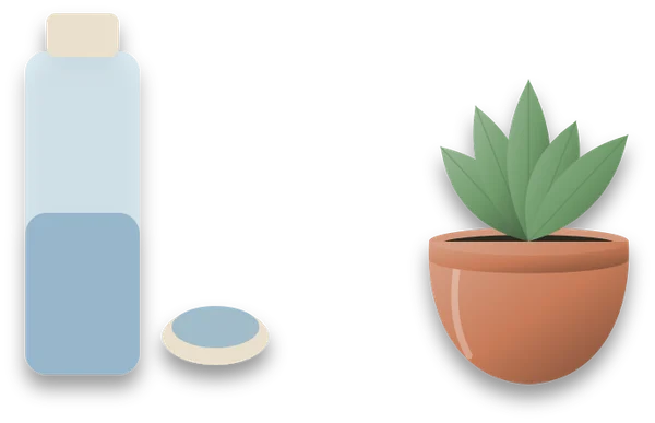 A bottle of liquid feed with its cap beside a measuring cap, and a small potted plant beside them.