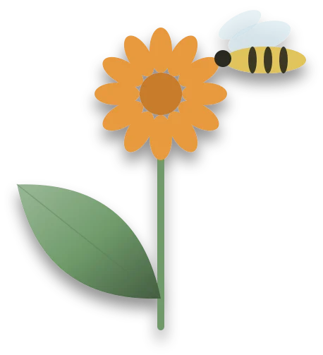 A hoverfly with yellow and black bands hovering beside an orange calendula flower.
