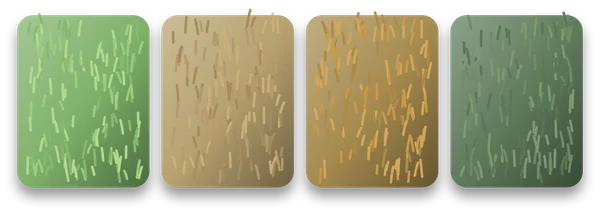 Four square lawn patches in a row, from fresh spring green through dry summer tan and golden autumn to a dull winter green.