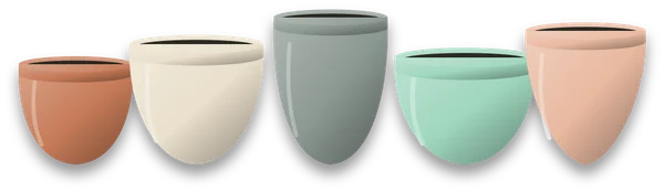 Five empty pots standing in a row: a terracotta pot beside glazed ones in cream, grey, mint and peach.